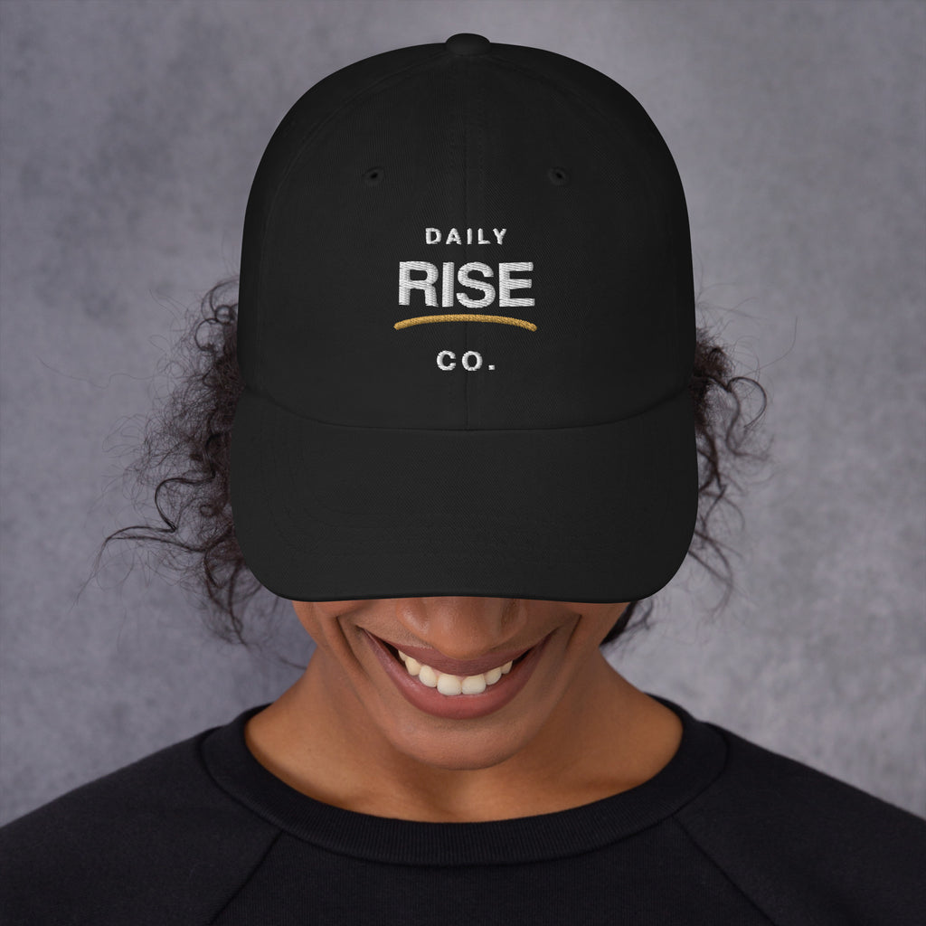 Daily Rise Classic black dad hat front embroidery view