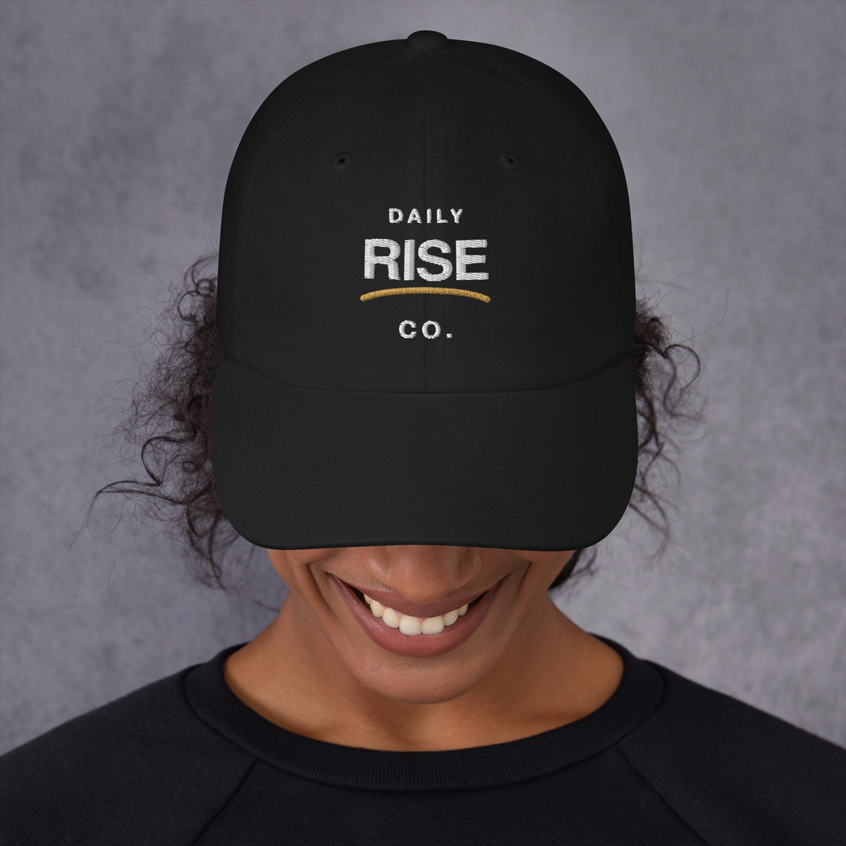 Daily Rise Classic black dad hat front embroidery view