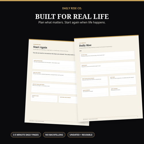 Daily Success Planner preview showing Daily Rise and Start Again pages