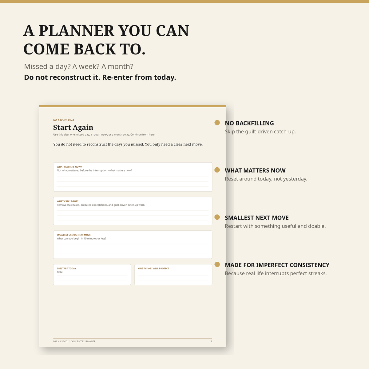 Daily Success Planner Start Again reset page preview