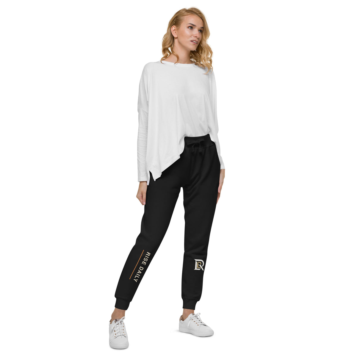 Rise Daily premium black fleece sweatpants right-front lifestyle view