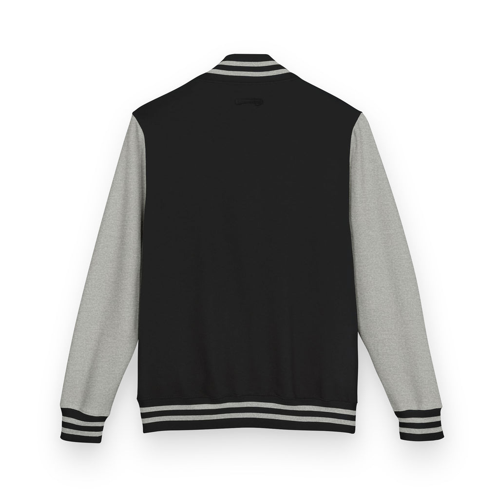 Daily Rise Executive Letterman Jacket in black and heather grey, back view
