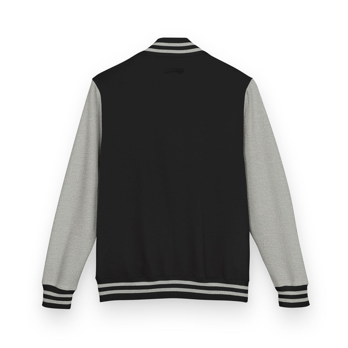 Daily Rise Executive Letterman Jacket in black and heather grey, back view