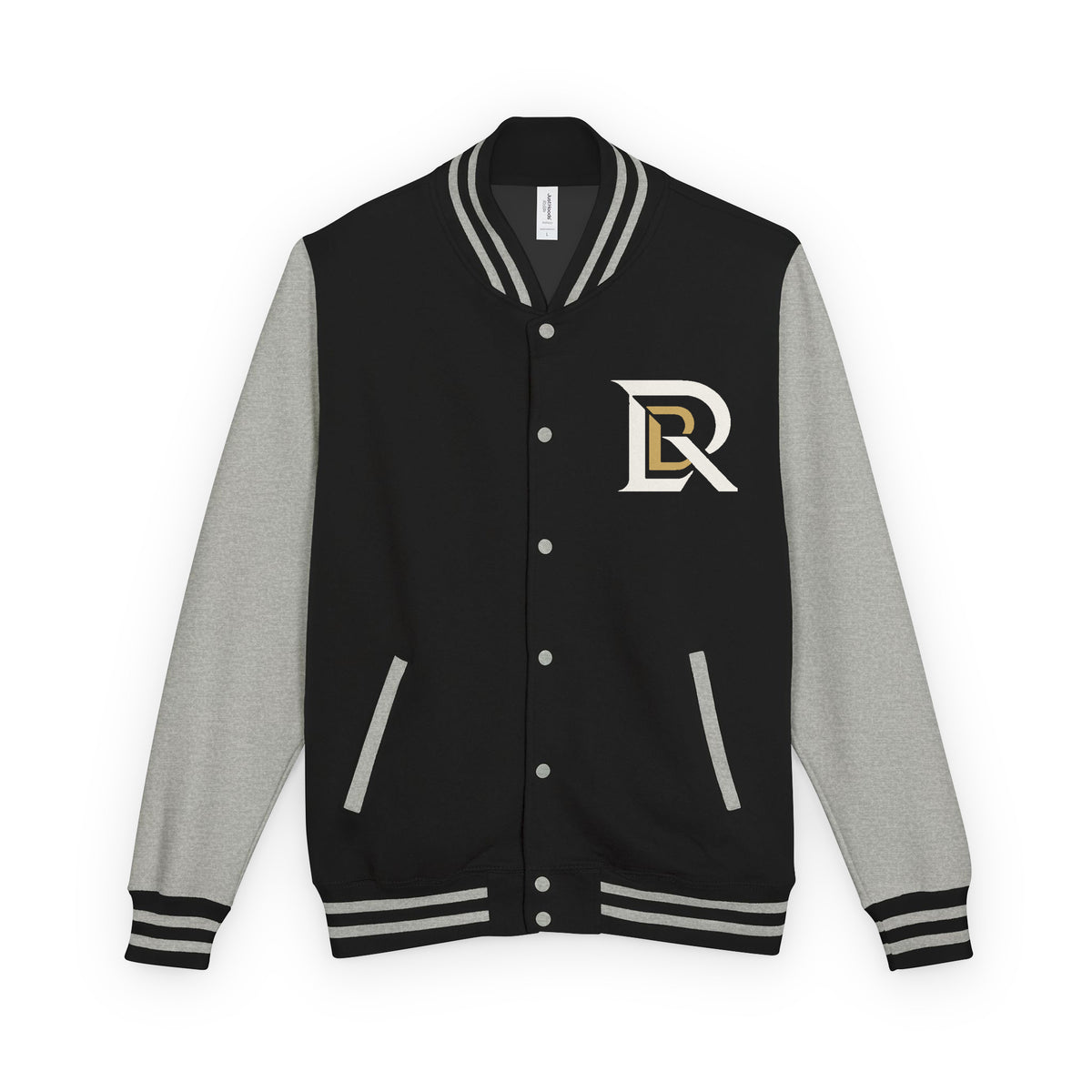 Daily Rise Executive Letterman Jacket in black and heather grey, front view