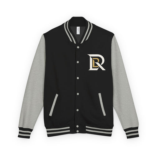 Daily Rise Executive Letterman Jacket in black and heather grey, front view