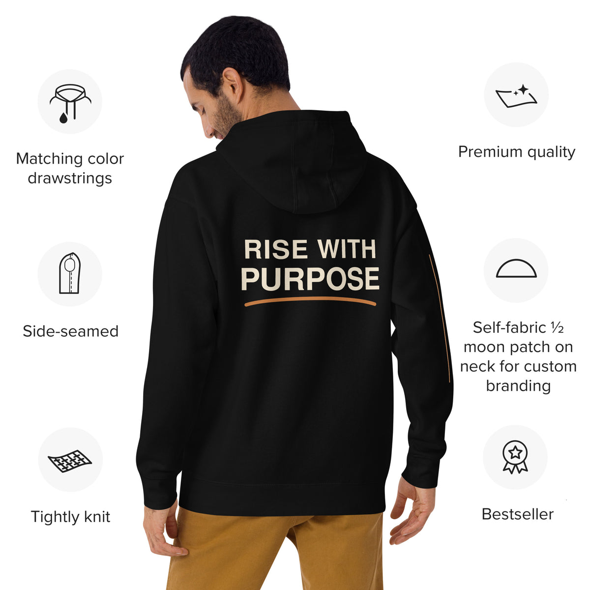 Rise With Purpose premium black hoodie back lifestyle view