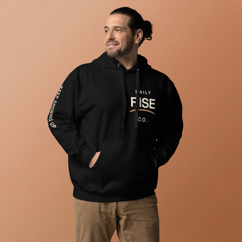 Rise With Purpose premium black hoodie front lifestyle view