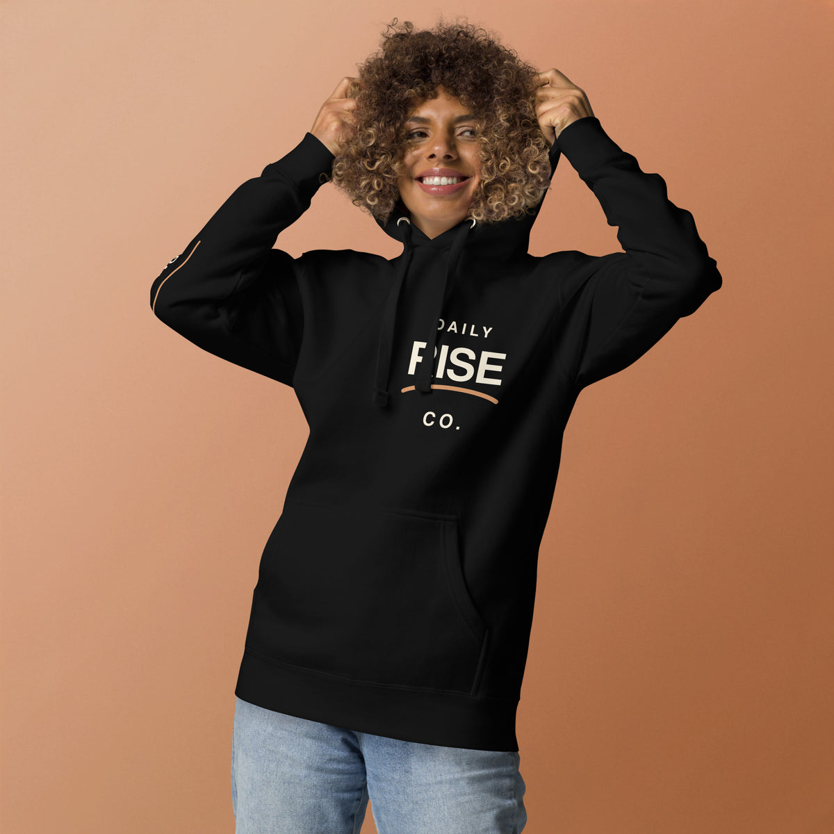 Rise With Purpose premium black hoodie alternate front lifestyle view