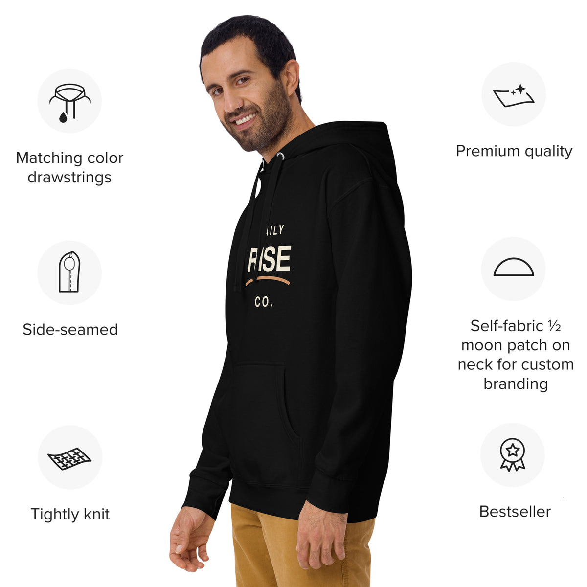 Rise With Purpose premium black hoodie left-front angle